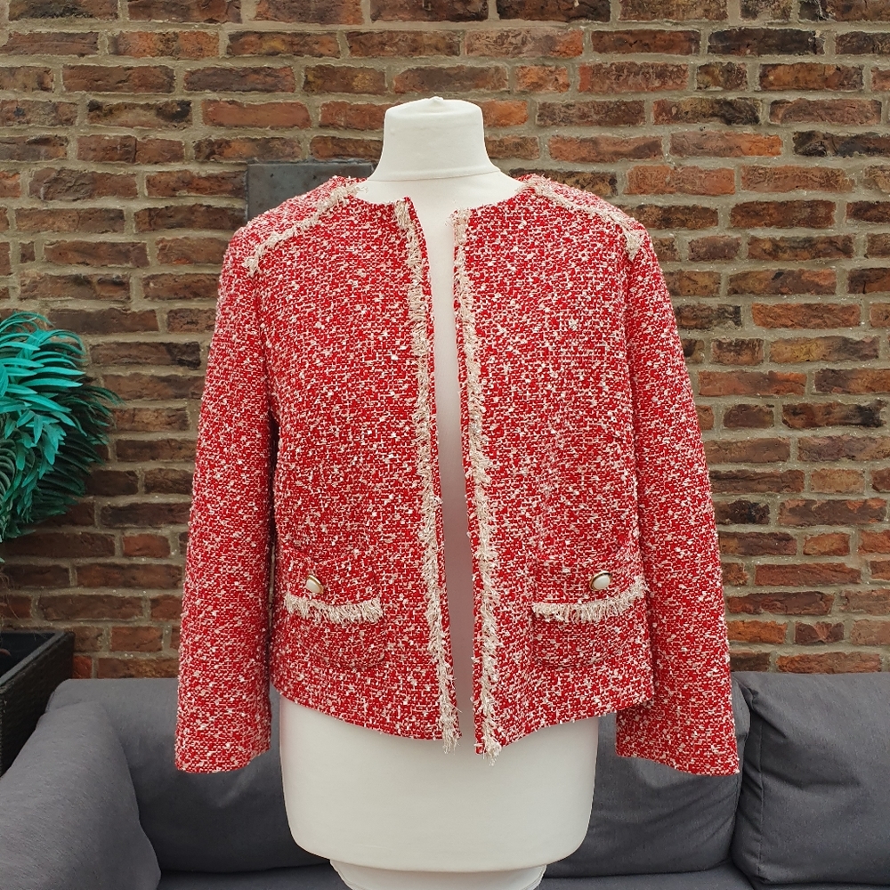 M&S Red Boucle Fringed Classic Jacket Uk12. - Picture 1 of 14